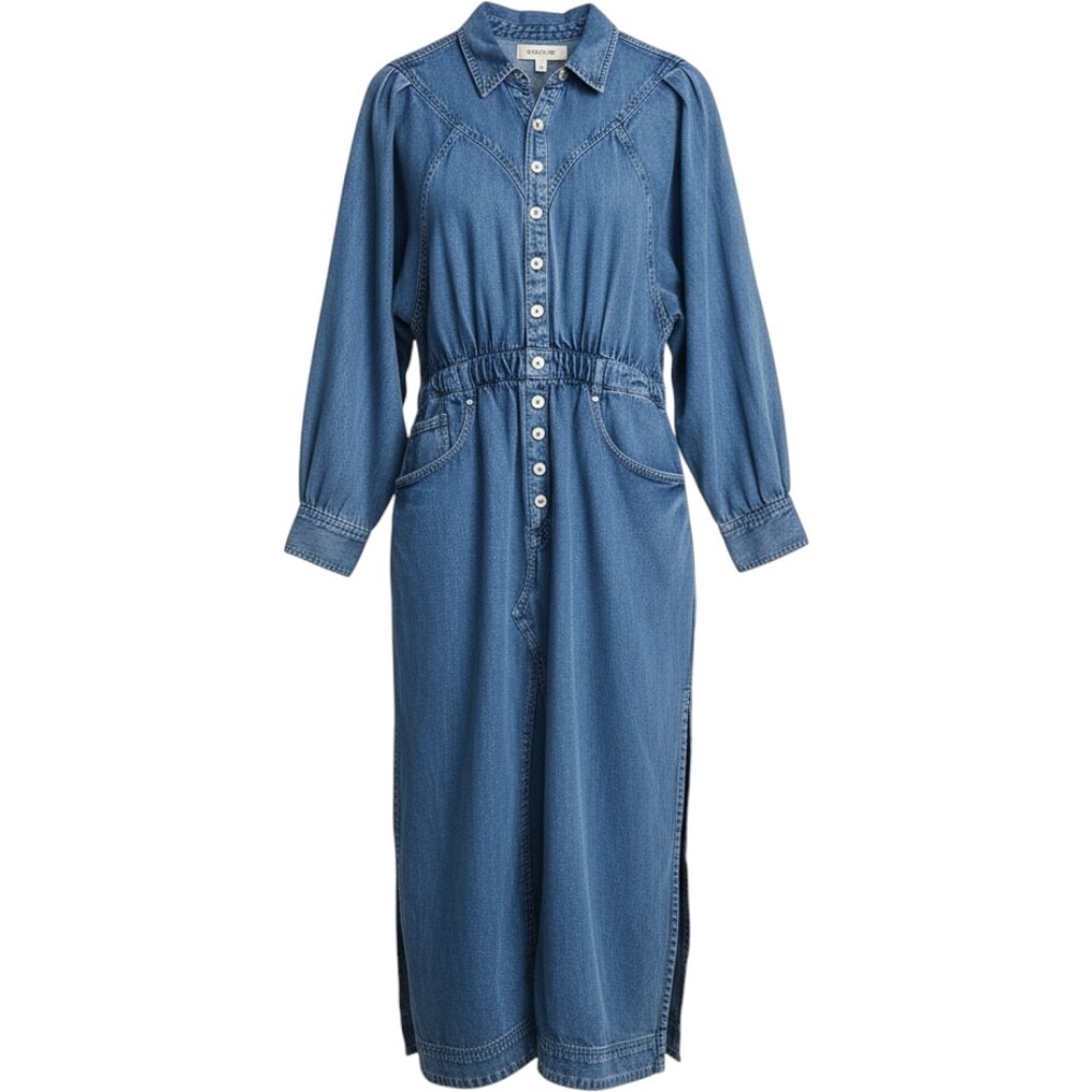 Free People Denim Maxi Dress Light Wash Button Front Elastic Waist Blue Large